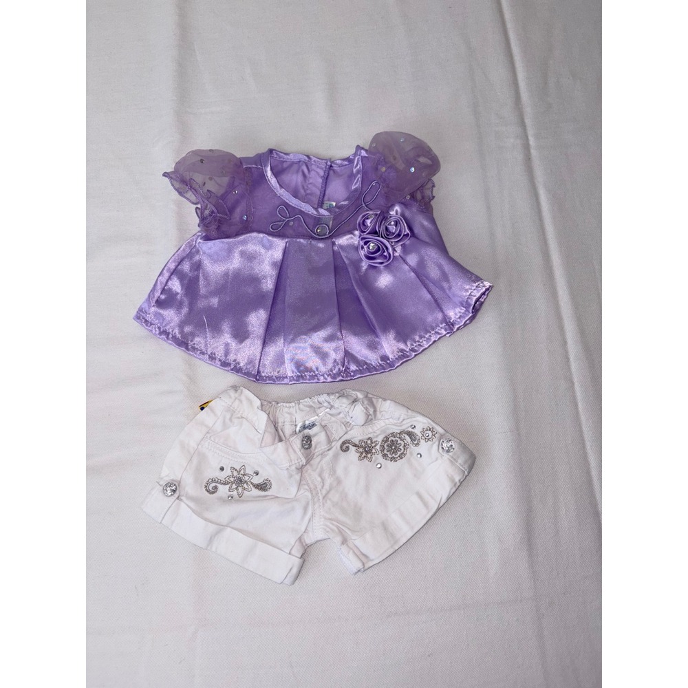 Build A Bear Purple Satin tunic Dress top Sparkle & White‎ Embellished Shorts